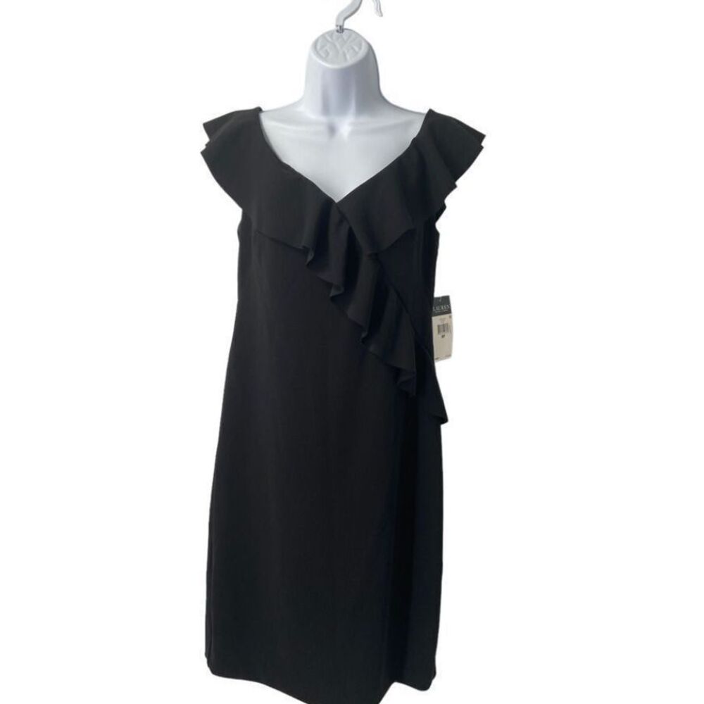 Lauren Ralph Lauren Women Black Sheath Dress 8P NWT Ruffle‎ Work Office Cocktail